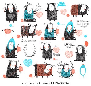 Craft Knit And Crochet Cute Sheep Bundle. Big Collection Of Knitting And Crocheting Sheep Hand Drawn Clip Art Elements For Design.