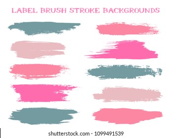 Craft label brush stroke backgrounds, paint or ink smudges vector for tags and stamps design. Painted label backgrounds patch. Color combinations catalog elements. Ink smudges, stains, pink spots.