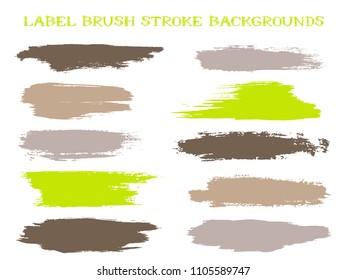 Craft label brush stroke backgrounds, paint or ink smudges vector for tags and stamps design. Painted label backgrounds patch. Interior colors guide book elements. Ink green grey dabs, splashes.