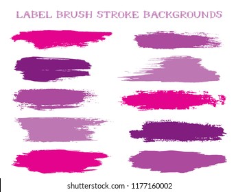 Craft label brush stroke backgrounds, paint or ink smudges vector for tags and stamps design. Painted label backgrounds patch. Interior colors scheme elements. Ink dabs, purple violet splashes.