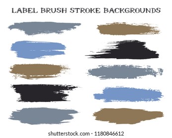 Craft label brush stroke backgrounds, paint or ink smudges vector for tags and stamps design. Painted label backgrounds patch. Interior paint color palette swatches. Ink smudges, blue brown stains.