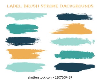 Craft label brush stroke backgrounds, paint or ink smudges vector for tags and stamps design. Painted label backgrounds patch. Interior paint color palette swatches. Ink smudges, teal orange spots.