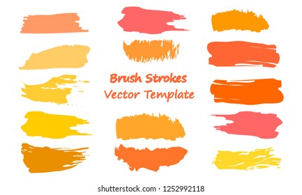 Craft label brush stroke backgrounds, paint or ink smudges vector for tags and stamps design. Painted label backgrounds patch. Color combinations catalog elements. Ink smudges, stains, orange spots.