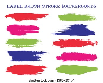 Craft label brush stroke backgrounds, paint or ink smudges vector for tags and stamps design. Painted label backgrounds patch. Interior paint color palette swatches. Ink dabs, red green blue splashes.