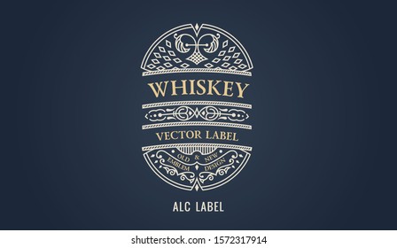 Craft label for whiskey emblem, frame badge template card. Luxury calligraphic ornate frame. Ornament line logo gold design. Vintage vector illustration. Royal label sign, Restaurant, Boutique, Cafe