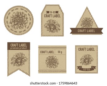Craft labels vintage design with illustration of sunflower