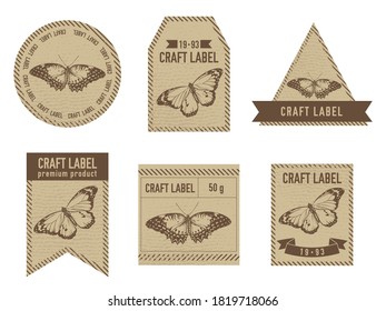 Craft labels vintage design with illustration of red lacewing, plain tiger