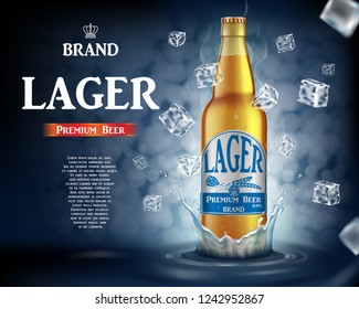 Craft lager beer ads with splashing. Realistic glass beer bottle with flying ice cubes on shiny blue background. Vector 3d illustration