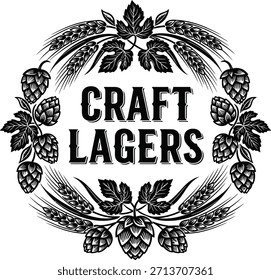 Craft lagers typography with hops and wheat for brewery logo design, beer drink badge, pub alcohol emblem and isolated on transparent bar graphic illustration
