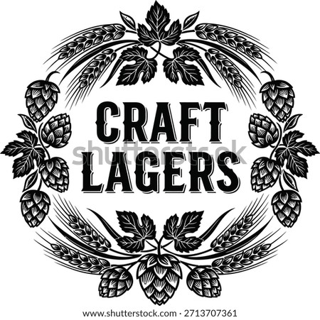 Craft lagers typography with hops and wheat for brewery logo design, beer drink badge, pub alcohol emblem and isolated on transparent bar graphic illustration
