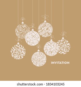 Craft monochrome hand drawn textured Christmas balls ornament for card, header, invitation, poster, social media, post publication.
