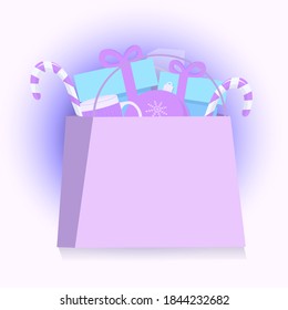 Craft package with gifts, caramel, cup. Isolate on a white background. Concept of new year's shopping, sales Flat vector illustration. Copy space. Pastel color.