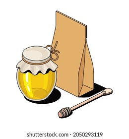 Craft packaging and honey jar. Vector 3d sketch line isometric, color icon illustration, flat style. Creative design idea and elements for infographics and website.