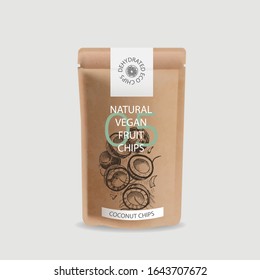 Craft packaging for snacks. Branded package for natural eco chips. Sketch coconut.