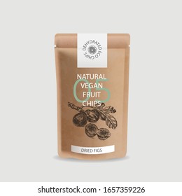 Craft packaging for snacks. Branded package for natural eco chips. Sketch figs.