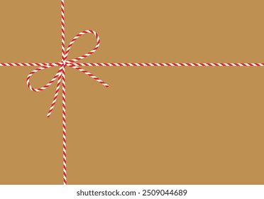 Craft paper background, gift tied up with cotton red rope bakers twine bow and ribbons. Packing string for decoration, present, pastry boxes for New Year, Christmas. Vector EPS10