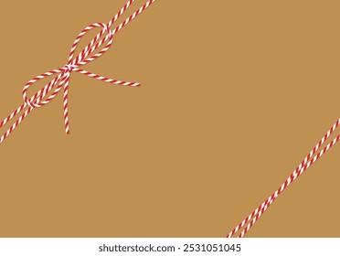 Craft paper background, gift tied up with cotton red white rope bakers twine bow and ribbons. Packing string for decoration, present, pastry boxes for New Year, Christmas, birthday. Vector EPS10	