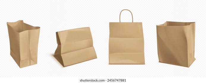 Craft paper bag. 3d brown food package mockup. Isolated shop pack with handle for takeaway lunch or gift to carry. Sustainable and reusable cardboard shopping and delivery vertical grocery box.