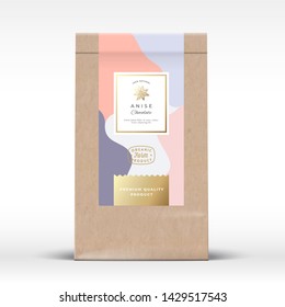 Craft Paper Bag with Anise Chocolate Label. Abstract Vector Packaging Design Layout with Realistic Shadows. Modern Typography, Hand Drawn Anise Spice Star Silhouette and Colorful Background. Isolated.