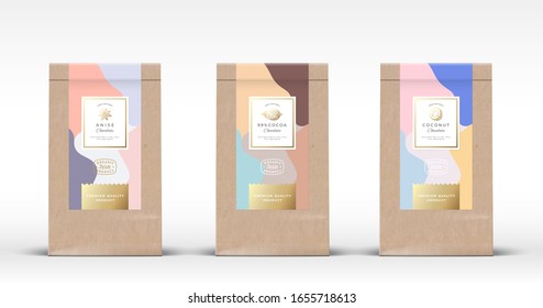 Craft Paper Bag with Chocolate Labels Set. Abstract Vector Packaging Design Layout with Realistic Shadows. Hand Drawn Coconut, Anise Spice and Cocoa Bean Sketch Silhouettes Background. Isolated.