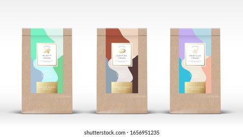 Craft Paper Bag with Chocolate Labels Set. Abstract Vector Packaging Design Layout with Realistic Shadows. Hand Drawn Mint and Vanilla Spice and Coffee Bean Sketch Silhouettes Background. Isolated.