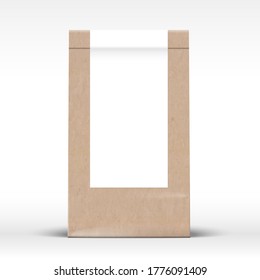 Craft Paper Bag with Clear White Label Template. Realistic Carton Texture Packaging Mock Up with Soft Shadow. Isolated.