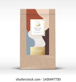 Craft Paper Bag with Coffee Chocolate Label. Abstract Vector Packaging Design Layout with Realistic Shadows. Modern Typography, Hand Drawn Bean Silhouette and Colorful Background. Isolated.