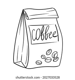 Craft paper bag with coffee. Grain coffee, Natural drink made from beans. Vector illustration isolated on white background.