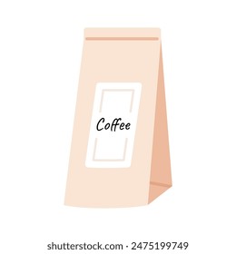 Craft paper bag with coffee. Hand drawn paper bag with coffee bean.Flat vector illustration isolated on white background