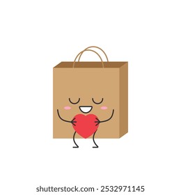 Craft paper bag cute cartoon character heart love feeling smiling food package shop pack delivery cardboard vector illustration.