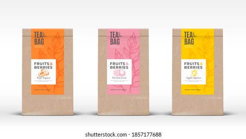 Craft Paper Bag with Exotic Fruits Tea Labels Set. Abstract Vector Packaging Design Layout with Realistic Shadows. Hand Drawn Papaya, Passion Fruit and Quince Silhouettes Background. Isolated.