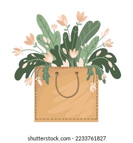 Craft Paper bag filled with flowers,leaves and branches drawing in flat style.Flowers in paper eco bag,craft packaging,romantic design element for holiday decoration.Vector zero waste,ecology concept