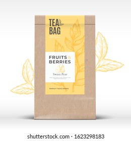 Craft Paper Bag with Fruit and Berries Tea Label. Abstract Vector Packaging Design Layout with Realistic Shadows. Modern Typography, Hand Drawn Pears and Leaves Silhouettes Background. Isolated.