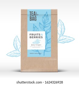 Craft Paper Bag with Fruit and Berries Tea Label. Abstract Vector Packaging Design Layout with Realistic Shadows. Modern Typography, Hand Drawn Grape and Leaves Silhouettes Background. Isolated.