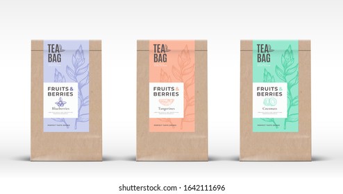 Craft Paper Bag with Fruit and Berries Tea Labels Set. Abstract Vector Packaging Design Layout with Realistic Shadows. Hand Drawn Blueberry, Coconut and Tangerine Silhouettes Background. Isolated.