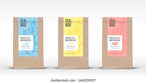 Craft Paper Bag with Fruit and Berries Tea Labels Set. Abstract Vector Packaging Design Layout with Realistic Shadows. Hand Drawn Raspberry, Lemon and Grapes Silhouettes Background. Isolated.