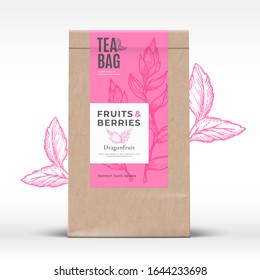 Craft Paper Bag With Fruit And Berries Tea Label. Abstract Vector Packaging Design Layout With Realistic Shadows. Modern Typography, Hand Drawn Dragonfruit And Leaves Silhouettes Background. Isolated.