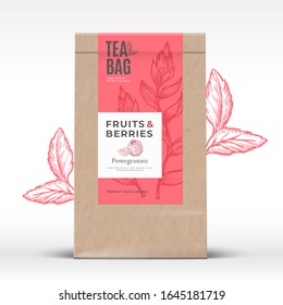 Craft Paper Bag with Fruit and Berries Tea Label. Abstract Vector Packaging Design Layout with Realistic Shadows. Modern Typography, Hand Drawn Pomegranate and Leaves Silhouettes Background. Isolated.