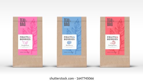 Craft Paper Bag with Fruit and Berries Tea Labels Set. Abstract Vector Packaging Design Layout with Shadows. Hand Drawn Pomegranate, Dragon Fruit and Blackberry Silhouettes Background. Isolated.