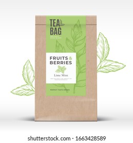 Craft Paper Bag with Fruit and Berries Tea Label. Abstract Vector Packaging Design Layout with Realistic Shadows. Modern Typography, Hand Drawn Mint Leaves Silhouettes Background. Isolated.