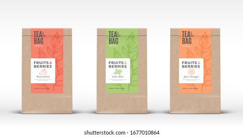 Craft Paper Bag with Fruit and Berries Tea Labels Set. Abstract Vector Packaging Design Layout with Realistic Shadows. Hand Drawn Watermelon, Orange and Mint Branch Silhouettes Background. Isolated.