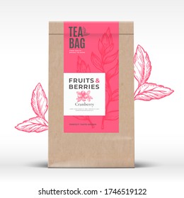 Craft Paper Bag with Fruit and Berries Tea Label. Abstract Vector Packaging Design Layout with Realistic Shadows. Modern Typography, Hand Drawn Cranberry Silhouettes Background. Isolated.