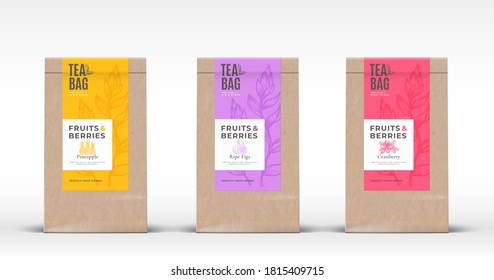 Craft Paper Bag with Fruit and Berries Tea Labels Set. Abstract Vector Packaging Design Layout with Realistic Shadows. Hand Drawn Pineapple, Figs and Cranberry Silhouettes Background. Isolated.
