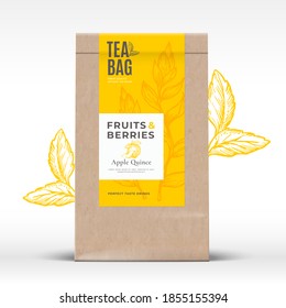 Craft Paper Bag with Fruit and Berries Tea Label. Abstract Vector Packaging Design Layout with Realistic Shadows. Modern Typography, Hand Drawn Quince and Leaves Silhouettes Background. Isolated.