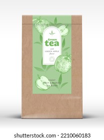 Craft Paper Bag with Fruit and Berries Tea Label. Realistic Vector Pouch Packaging Design Layout. Modern Typography, Hand Drawn Apples and Leaves Silhouettes Background Mockup. Isolated