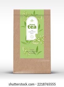 Craft Paper Bag with Fruit and Berries Tea Label. Realistic Vector Pouch Packaging Design Layout. Modern Typography, Hand Drawn Mint Leaves Silhouettes Background Mockup. Isolated