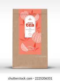 Craft Paper Bag with Fruit and Berries Tea Label. Realistic Vector Pouch Packaging Design Layout. Modern Typography, Hand Drawn Watermelon and Leaves Silhouettes Background Mockup. Isolated