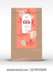Craft Paper Bag with Fruit and Berries Tea Label. Realistic Vector Pouch Packaging Design Layout. Modern Typography, Hand Drawn Mango and Leaves Silhouettes Background Mockup. Isolated