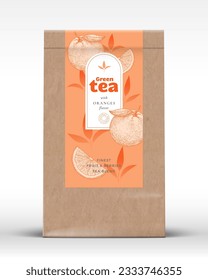 Craft Paper Bag with Fruit and Berries Tea Label. Realistic Vector Pouch Packaging Design Layout. Modern Typography, Hand Drawn Oranges and Leaves Silhouettes Background Mockup. Isolated