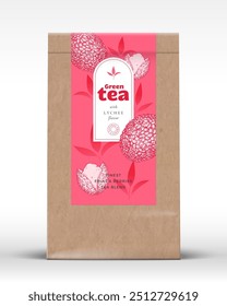 Craft Paper Bag with Fruit and Berries Tea Label. Realistic Vector Pouch Packaging Design Layout. Modern Typography, Hand Drawn Lychee and Leaves Silhouettes Background Mockup. Isolated